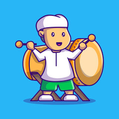 Cute Muslim Boy and Bedug Drum Vector Cartoon Illustration