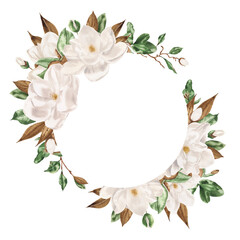 Fototapeta premium Hand drawn watercolor floral frame of flowers white magnolia and green leaves. Perfect for creating cards, invitations, wedding design.