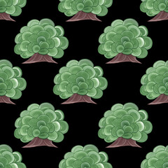 Green bush on a black background. Watercolor illustration. Seamless pattern. Garden, park. For the design of banners, printing on fabric.