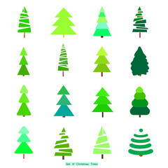 Geometric art. Green christmas trees. Winter holiday symbols, set isolated. Elements for design