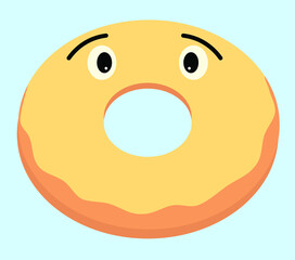 Donut with yellow glaze and eyes. Funny donut. On a blue background. Food, dessert and sweets.