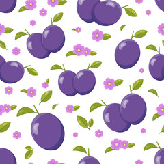 Pink cartoon flowers of plum and oval purple fruits of plum with leaves are scattered on the seamless vector background. Bright spring pattern with tasty cartoon plums and beautiful flowers.