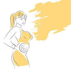 A young sports woman stands sideways with a dumbbell in her hand. Female bodybuilder vector hand drawn. Sketchy lines on a white background.