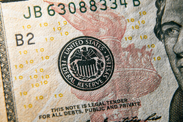Close up macro shot of federal reserve stamp on the US dollar bill - obrazy, fototapety, plakaty