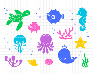 Naklejka premium Ocean and sea animals clip art with turtles, jellyfish, and seahorses. Underwater life. Silhouette vector flat illustration. Cutting file. Suitable for cutting software. Cricut, Silhouette