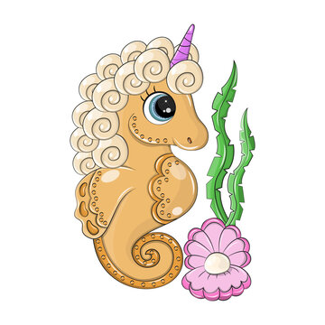 Sea horse watercolor with a horn growing on its head. The curly seahorse is made in a cartoon style, the sea unicorn is well suited for children's prints and coloring books for kids.