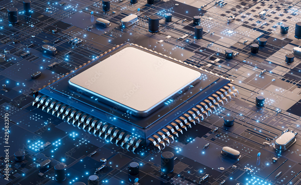 Poster closeup of electronic circuit board with cpu microchip electronic components futuristic big data con