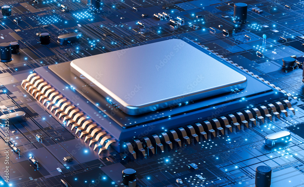 Poster closeup of electronic circuit board with cpu microchip electronic components futuristic big data con