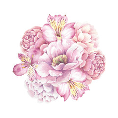 Watercolor bouquet of roses, peonies on a white background.