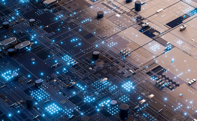 Closeup of electronic circuit board and electronic components futuristic big data connection technology concept .