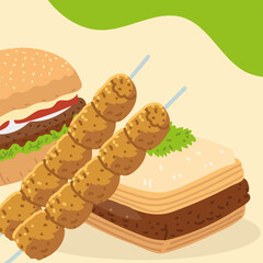 kebab sticks hamburger and baklava