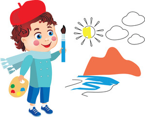 The artist paints a landscape: a river, mountains, the sun.