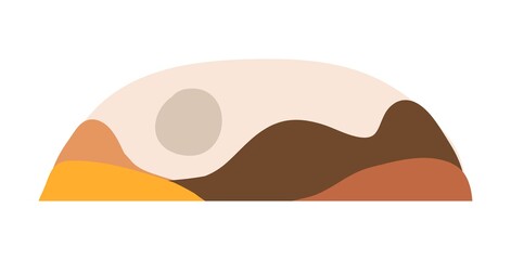 Hand drawn vector abstract stock flat gtraphic,modern clipart contemporary illustration,bohemian terracotta minimalistic landscape art print in trendy earth tones warm colors with mountains and moon.