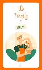 Inviting social media story template for a flower shop opening announcement with friendly male florist decorates the facade of the shop with flowers in a basket. Small bussiness or family bussiness