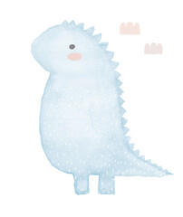 Watercolor Painting with Cute Baby Dino. Nursery Vector Art with Funny Blue Dinosaur on a White Background. Lovely Print ideal for Card, Wall Art, Poster,Kids Room Decoration. Dino Party Decor.
