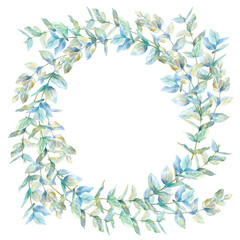 Floral wreath.Garland of a eucalyptus branches.Frame of a herbs.Watercolor hand drawn illustration.It can be used for greeting cards, posters, wedding cards.	
