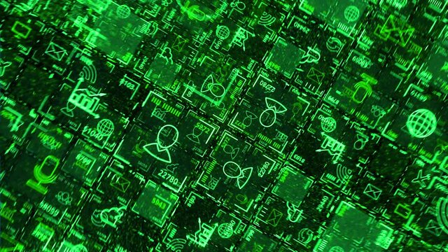 Electronic icons with images. Animation. Information icons with images in matrix. Green electronic icons inside matrix network