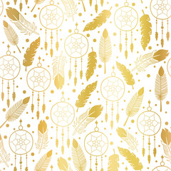 Dream catchers feathers seamless vector metallic gold foil pattern. Repeating ethnic boho background elegant golden Native American tribe decoration print. Isolated illustration bohemian ornament.
