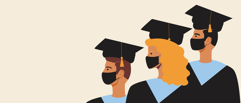 Graduates in medical mask, copy space template, flat vector stock illustration with people with covid protection at graduation with place for text