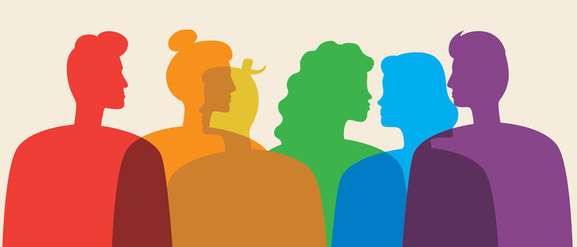 LGBTQ people rainbow color silhouette vector stock illustration with homosexuals, lesbians and gays as LGBTQ community
