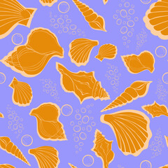 Modern flat outline sea shells, bubbles seamless pattern for fabric, textile, apparel, interior, stationery, wrapping paper, scrapbooking. Trendy marine endless texture. Exotic ocean shells contours