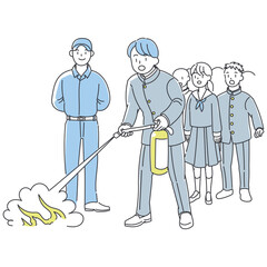 消防訓練で消化器を使う様子のイラスト
