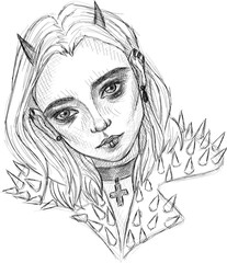 Punk rocker girl sketch portrait  - Vector hand drawn illustration