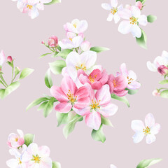 Fototapeta na wymiar Picturesque seamless floral pattern of the apple blossom arrangements with flowers, leaves and buds hand drawn in watercolor isolated on a beige background. Watercolor floral pattern. 
