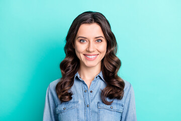 Fototapeta premium Photo of young attractive pretty girl happy positive toothy smile isolated over turquoise color background