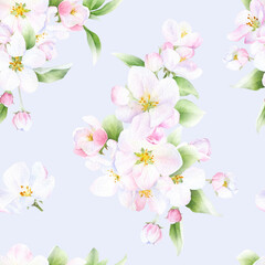 Fototapeta na wymiar Picturesque seamless floral pattern of the apple blossom arrangements with flowers, leaves and buds hand drawn in watercolor isolated on a light blue background. Watercolor floral pattern. 