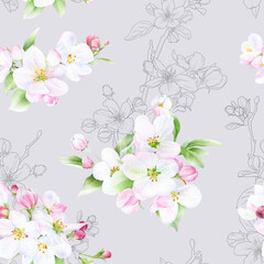 Picturesque seamless floral pattern of the apple flowers, green leaves and buds hand drawn in watercolor mixed with contour elements isolated on a light grey background.	
