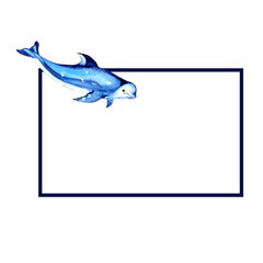 Blue shark and dolphin, watercolor hand drawn illustration. Rectangular frame Summer mood, sea, ocean.