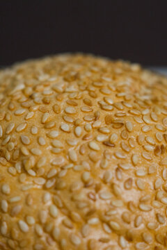 Fried Sesame Seeds On A Bun Close Up