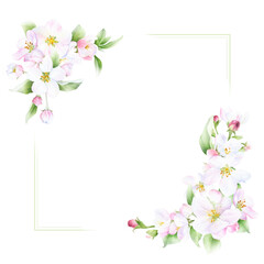 Square floral spring frame of the pink apple flowers and green leaves hand drawn in watercolor isolated on a white background. Floral watercolor illustration. Watercolor floral frame
