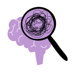 A Brain with a loupe. Loupe with mess and thinking about problem. Mental Health and everyday Problem. Stress and deadlines. Stress tolerance. Flat design. concept.