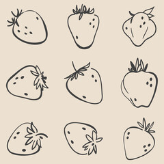 Fototapeta premium Collage of nine fruits. Set of hand drawn strawberry. Minimalist charcoal outlines. Isolated on beige. Illustrations for grocery stores, cover designs, interiors, advertisements, grocery stores, menus