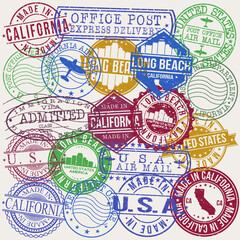 Long Beach California Set of Stamps. Travel Stamp. Made In Product. Design Seals Old Style Insignia.
