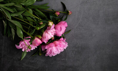 A bouquet of pink peonies In line on a dark wooden background