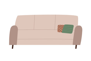 Cozy sofa with pollows isolated on white background. Flat cartoon vector illustration.