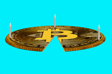 Bitcoin in Kuchenform mit Kerzen, 3D-Rendering