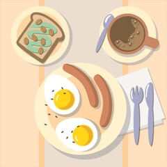 Menu set, breakfast with eggs, sausages and coffee