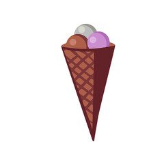 Ice cream with a waffle tube on a white background with three multi-colored ice cream balls with pink icing.