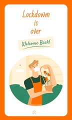 Social media, story template, for a flower shop opening after covid-19 lockdown with male florist in a mask