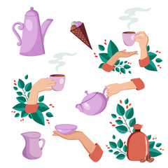 Set of illustrations of a female hand with a cup of coffee or tea with green leaves.
