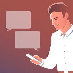 Young handsome man looks into a smartphone. Communicates on a social network. Happy smile on your face. Cartoon illustration.