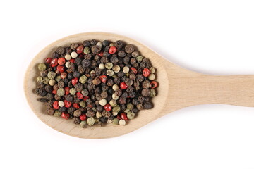 Colorful peppercorn mix, pepper pile with wooden spoon isolated on white background, top view