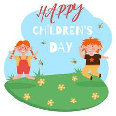 Happy children's day concept. Cartoon illustration with jumping happy smiling boy and girl.