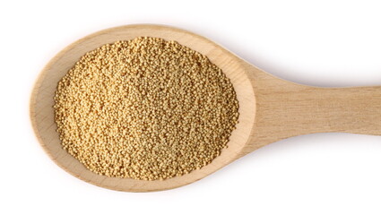 Amaranth seeds in wooden spoon isolated on white background and texture, top view