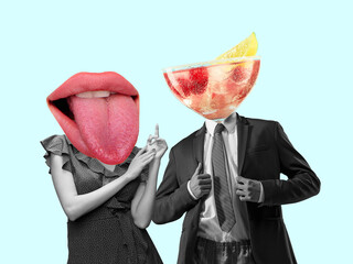 Contemporary art collage, modern design. Retro style. Couple headed with tasty cocktail with...
