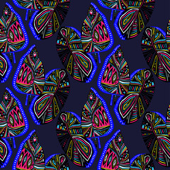 Naklejka premium Dynamic folk Boho Hygge contemporary flash style tropical leaves or feathers seamless pattern.